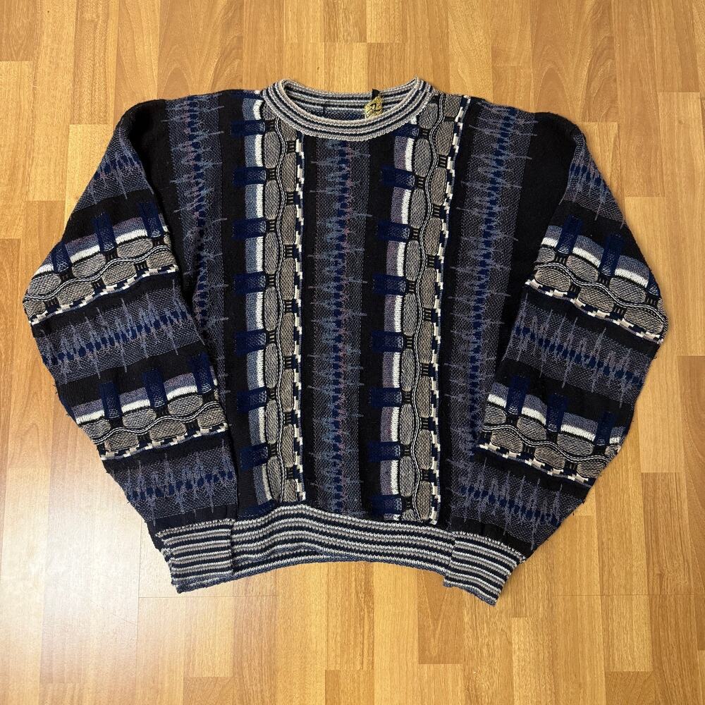 Men's Vintage 90's Alan Stuart Blue Gray 3D Knit Pullover Crewneck Sweater Sz XL